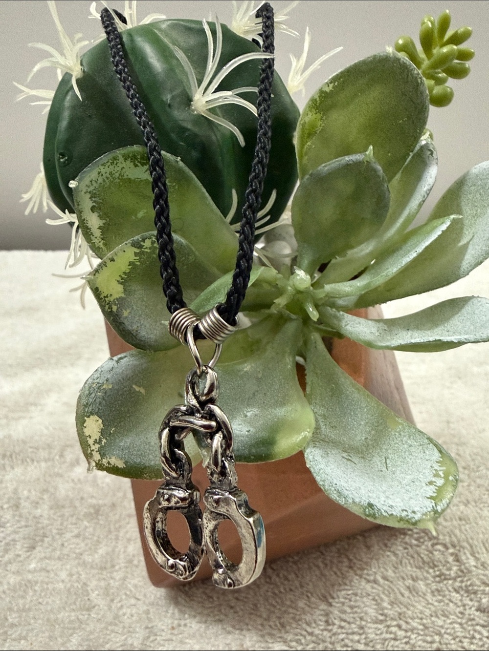 Silver Handcuff Pendant Necklace on Black Braided Cord Unisex Alternative Goth